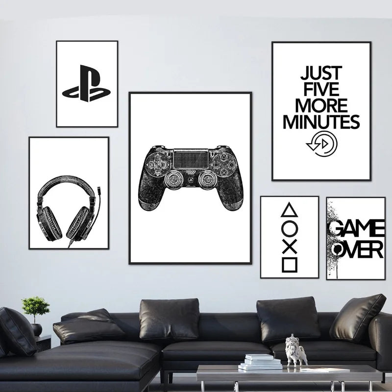 Hjemix | Svart-Hvitt Gamer-Plakat Minimalistisk Veggkunst Fine Kunstlerlerrettrykk Trendy Bilder For Barnerom Gamerom Veggkunst Dekor