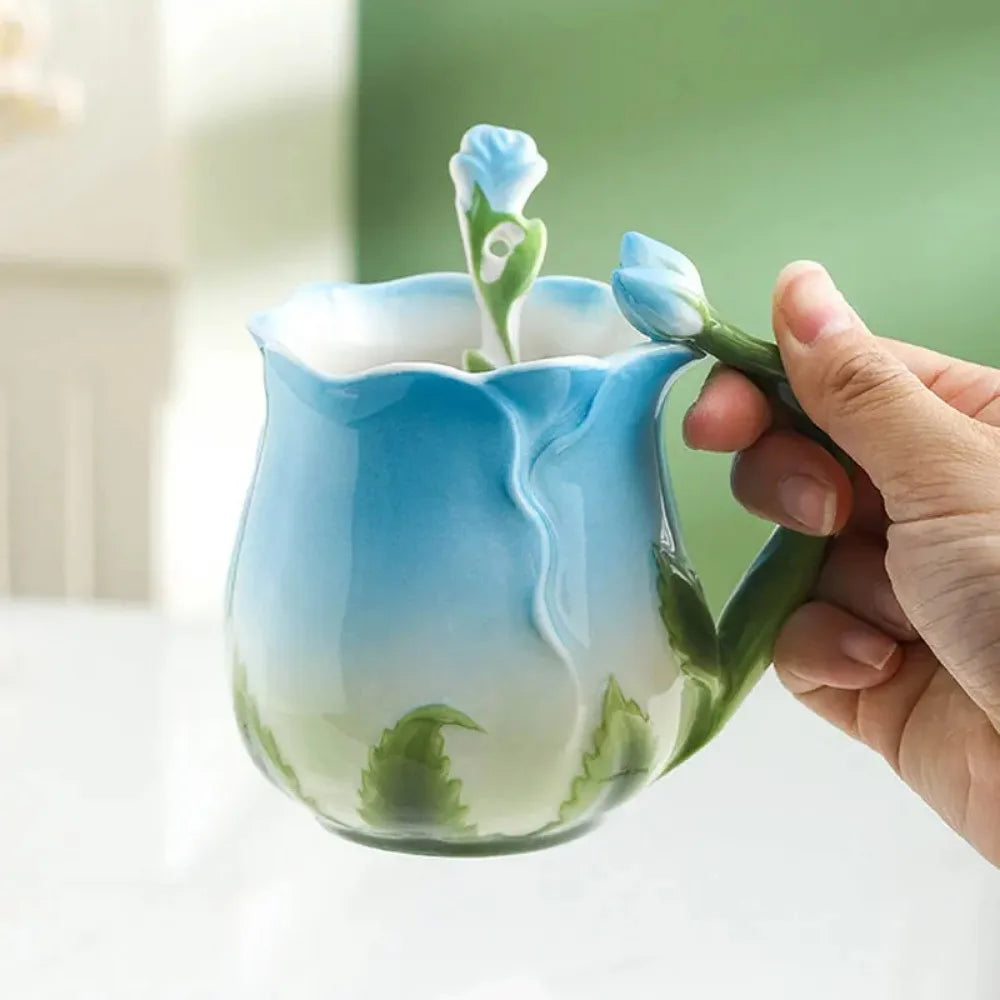 Hjemix | 3D Rose Blomst Kaffe Mugge Keramiske Kaffe Mugger Søte Estetiske Vannkopper med Skje Sommer Vinter Drikke Utstyr Valentinsdag Gaver