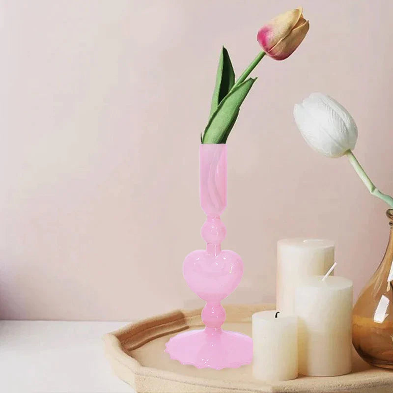 Hjemix | Retro Taper Lysestake Rød Hjerteformet Glass Lysestake Bryllup Borddekorasjon Hjem Fest Glass Vase Dekor