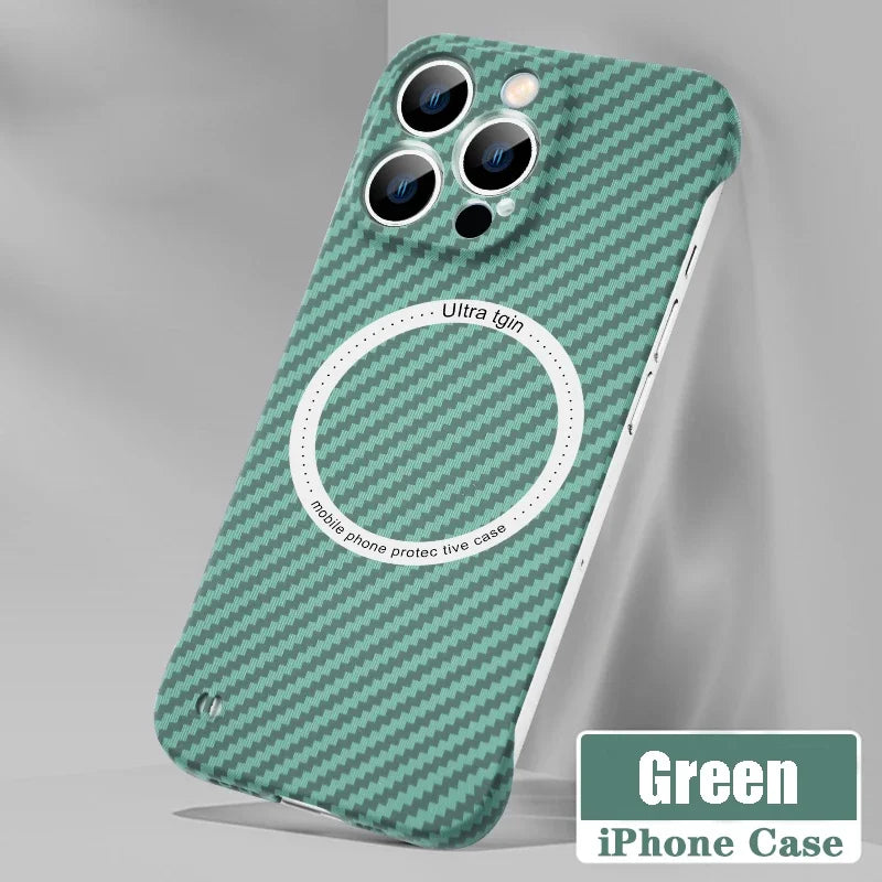 Hjemix | Ultra tynn karbonfiber magnetisk etui for iPhone 16 15 ProMax 14 Plus 13 12 11 Pro Max Magsafe trådløs lading uten ramme deksel