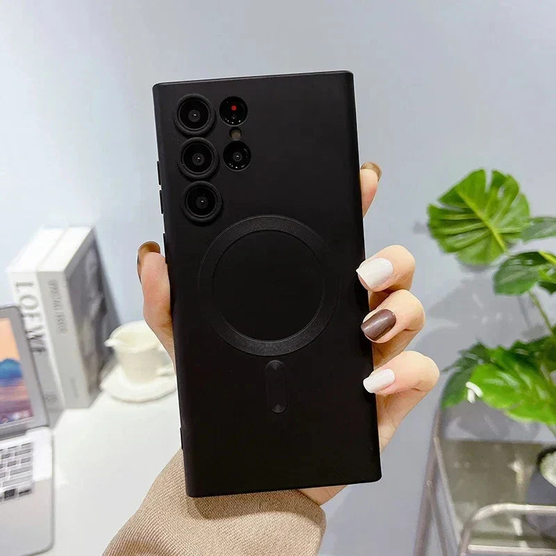 Hjemix | Luksus myk silikon Magsafe-deksel trådløs lade-deksel for Samsung Galaxy S24 S23 S22 S21 Ultra Plus full beskyttelse støtfangerdeksel