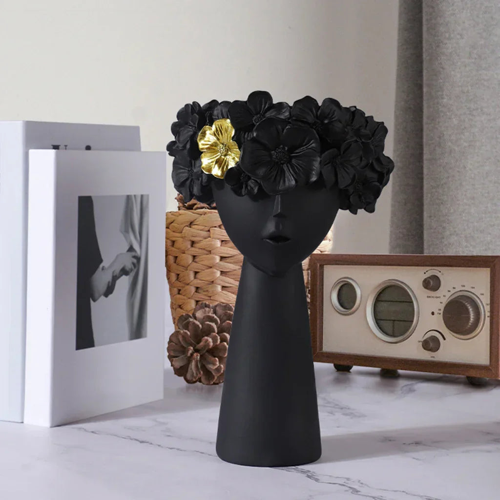 Hjemix | Nordic Girl Hode Blomst Harpiks Vase Statue Blomster Vaser for Kontor Skrivebord Tørkede Blomster Ornamenter Dekor Beholder