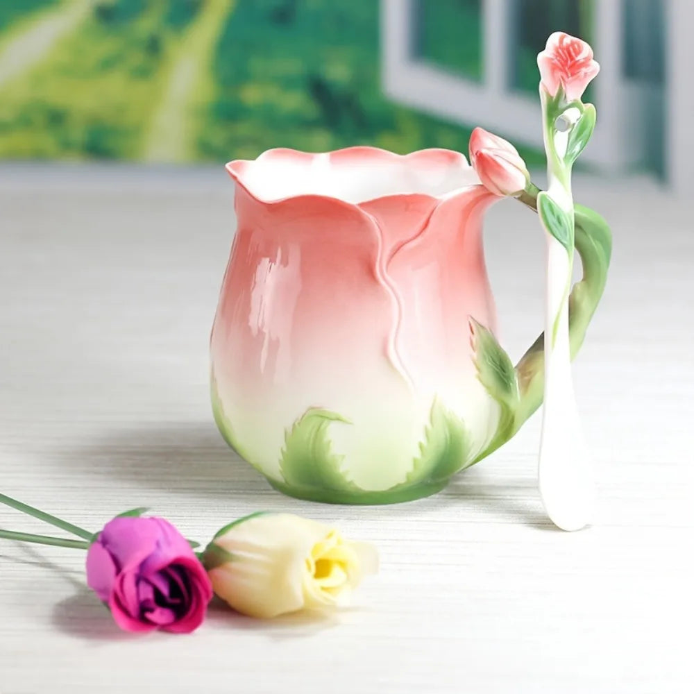Hjemix | 3D Rose Blomst Kaffe Mugge Keramiske Kaffe Mugger Søte Estetiske Vannkopper med Skje Sommer Vinter Drikke Utstyr Valentinsdag Gaver