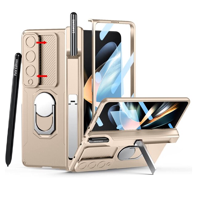 Hjemix | Luksus etui med S Pen-holder og hengslet skjermbeskyttelsesring stativ etui for Samsung Galaxy Z Fold 5 Z Fold 4