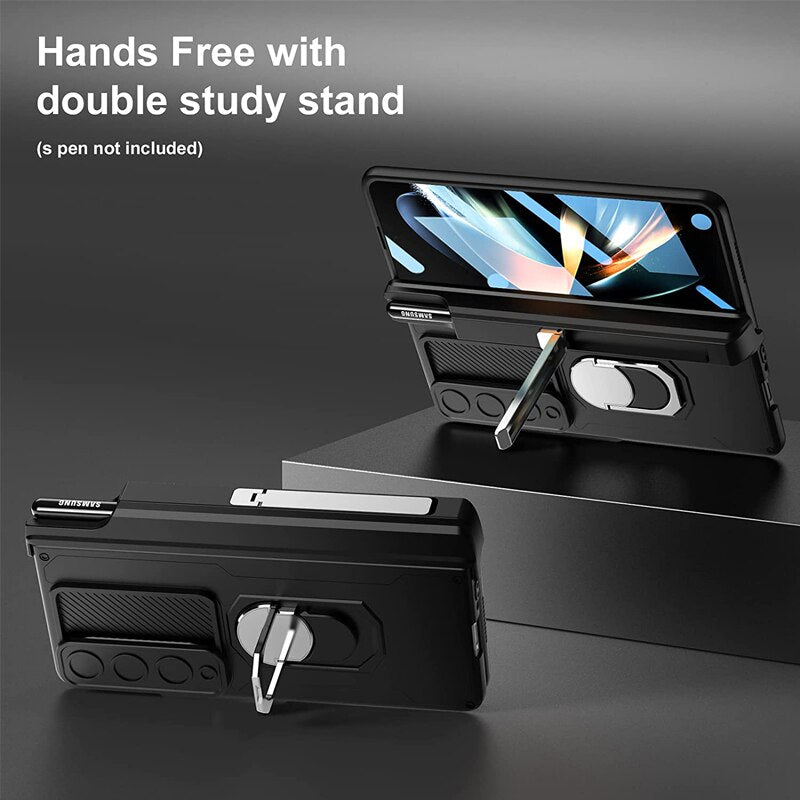 Hjemix | Luksus etui med S Pen-holder og hengslet skjermbeskyttelsesring stativ etui for Samsung Galaxy Z Fold 5 Z Fold 4