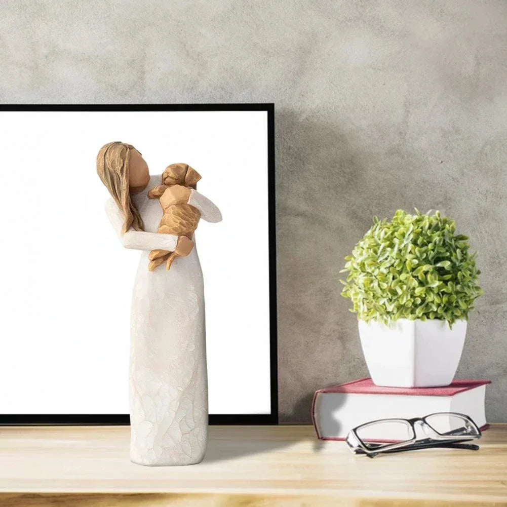 Hjemix | Statuett laget av harpiks, mennesker, familiefigurer, skulptur, figurer for hjemmedekor, borddekorasjon, stue, engel, omfavnelse, hund, far, barn