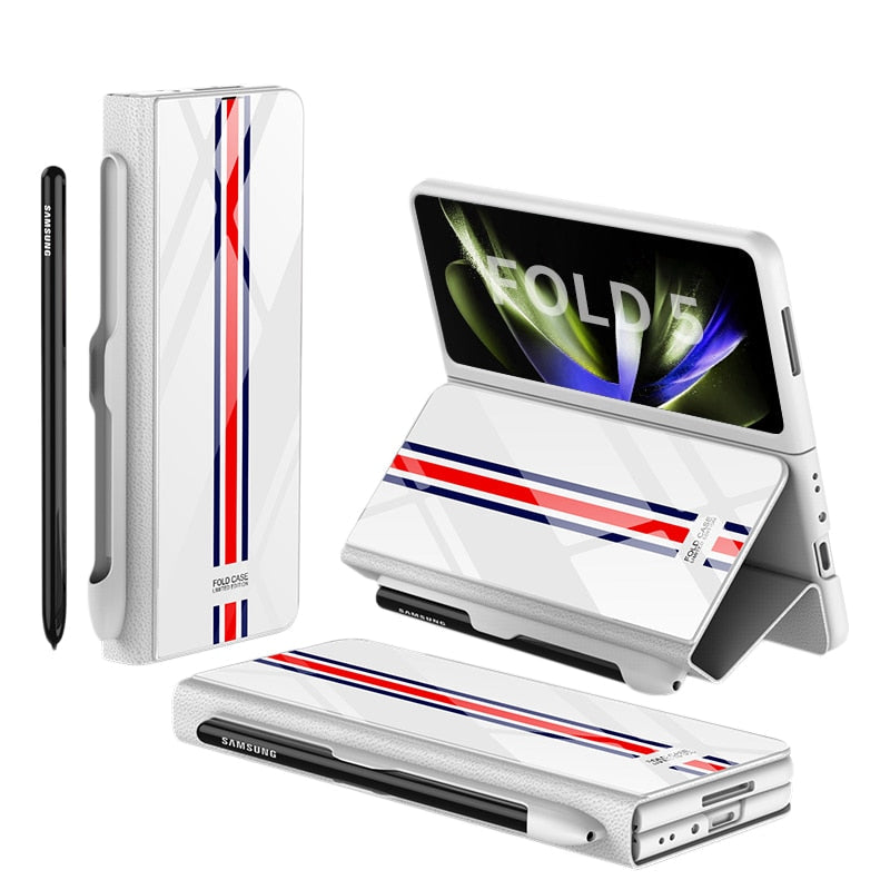 Hjemix | Støtbestandig Rustningssak Glassdeksler Stativ Sett Inn Kort Lærsak for Samsung Galaxy Z Fold 5/4