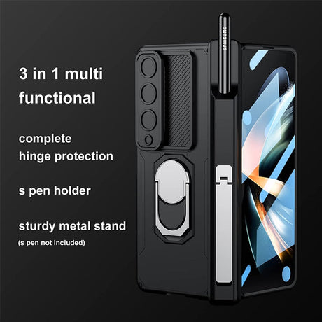 Hjemix | Luksus etui med S Pen-holder og hengslet skjermbeskyttelsesring stativ etui for Samsung Galaxy Z Fold 5 Z Fold 4