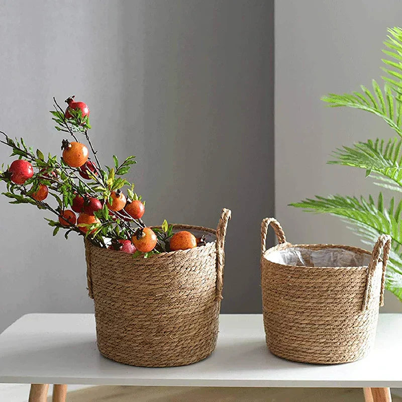 Hjemix | Nordisk Ekstra Stor Strå Blomsterpotte Tare Oppbevaringskorg Potte Grønn Plante Blomsterkorg Håndvevd Gulv Innendørs Blomsterpotte