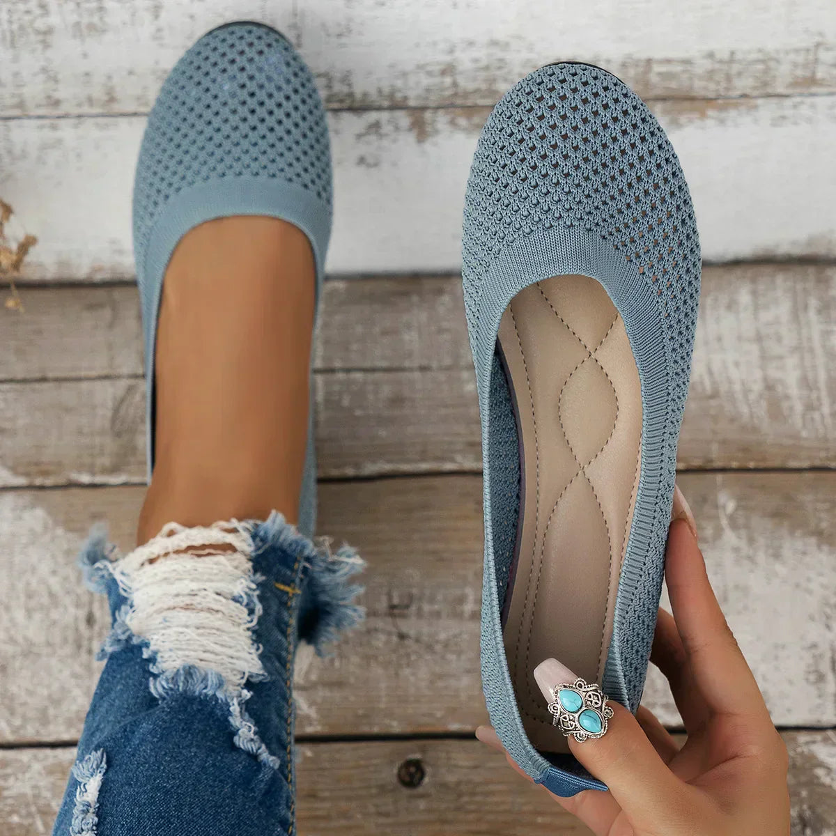 Hjemix | Kvinner Rundtå Flat Sko Solid Farge Strikket Tøfler Casual Pustende Ballett Flats Kvinner Flat Sko Loafers Kvinner