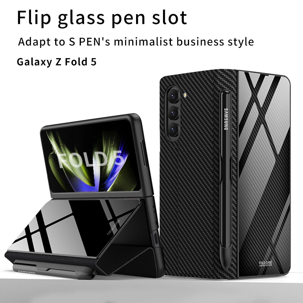 Hjemix | Støtbestandig Rustningssak Glassdeksler Stativ Sett Inn Kort Lærsak for Samsung Galaxy Z Fold 5/4