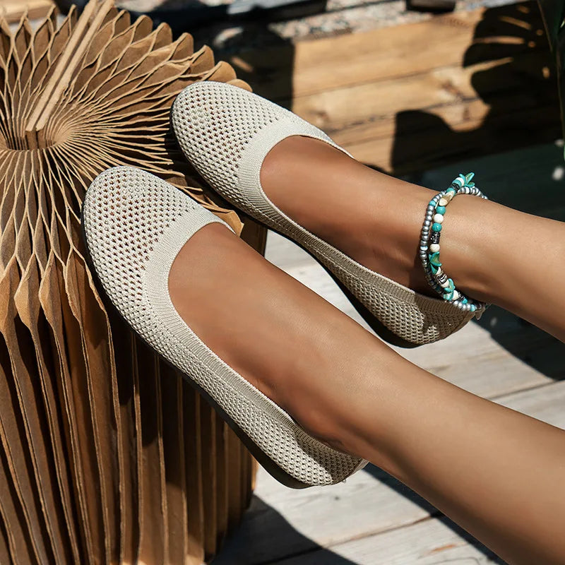 Hjemix | Kvinner Rundtå Flat Sko Solid Farge Strikket Tøfler Casual Pustende Ballett Flats Kvinner Flat Sko Loafers Kvinner