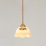 Hjemix | Tradisjonell Vintage Messing Snor Valnøtt Glass Blomst Buet 1-Lykt Pendellampe For Spiserom
