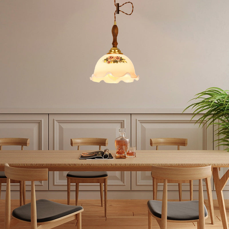 Hjemix | Tradisjonell Vintage Messing Snor Valnøtt Glass Blomst Buet 1-Lykt Pendellampe For Spiserom