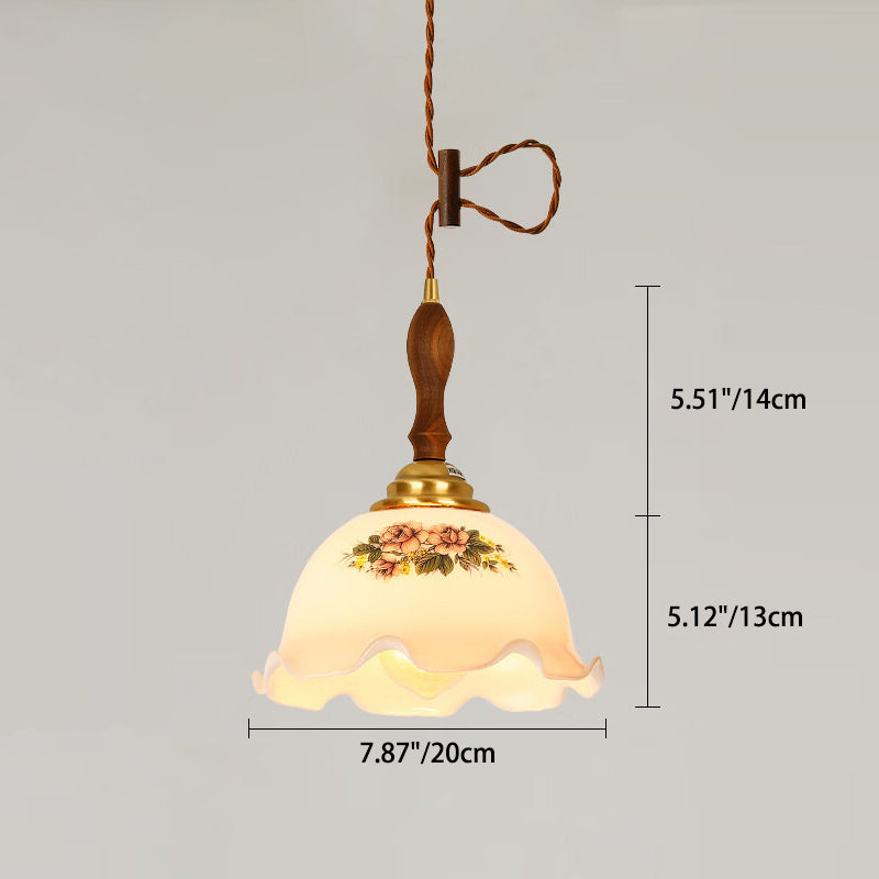 Hjemix | Tradisjonell Vintage Messing Snor Valnøtt Glass Blomst Buet 1-Lykt Pendellampe For Spiserom