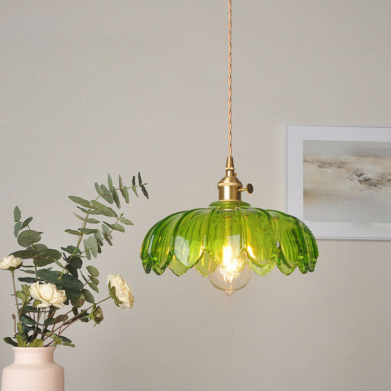 Hjemix | Moderne Art Deco Solsikke Lotusblad Glasskjerm Messing 1-Lys Pendellampe for Stue