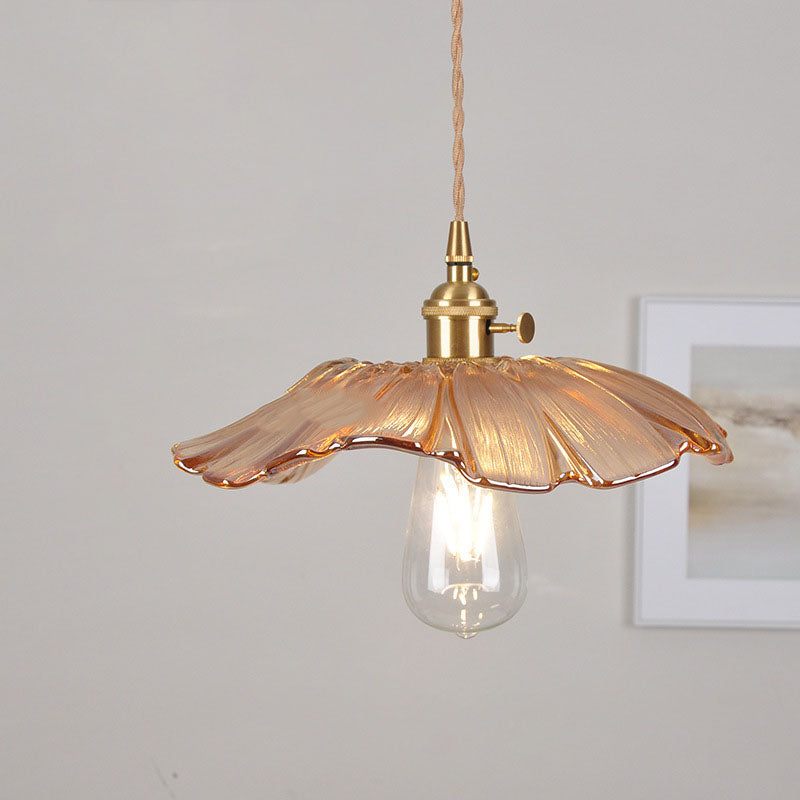 Hjemix | Moderne Art Deco Solsikke Lotusblad Glasskjerm Messing 1-Lys Pendellampe for Stue
