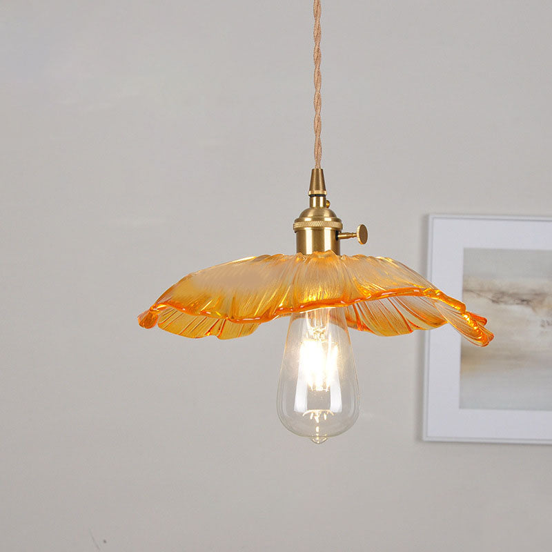 Hjemix | Moderne Art Deco Solsikke Lotusblad Glasskjerm Messing 1-Lys Pendellampe for Stue