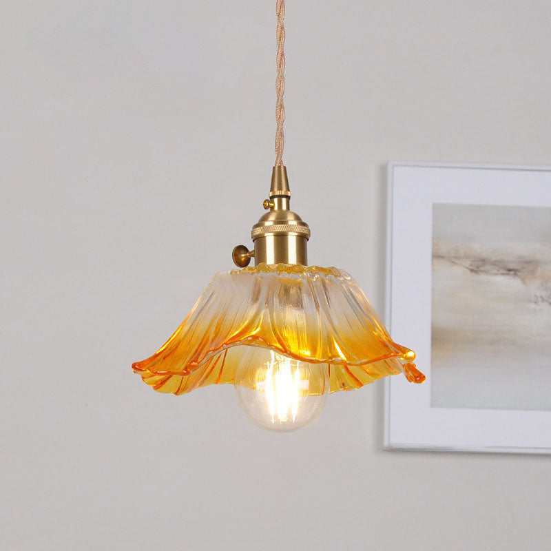 Hjemix | Moderne Art Deco Solsikke Lotusblad Glasskjerm Messing 1-Lys Pendellampe for Stue