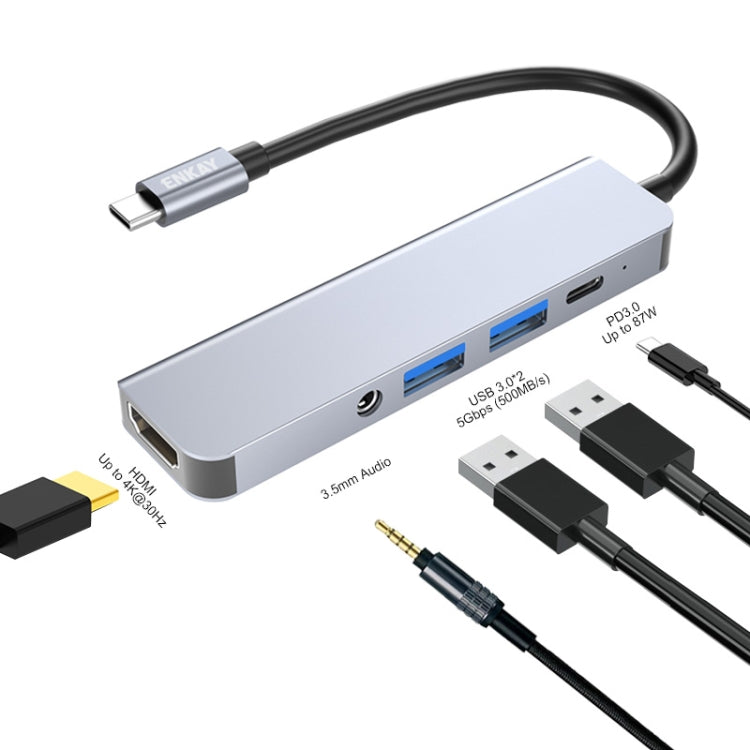 Hjemix | ENKAY Hatt-Prince 5 i 1 Type-C Hub 4K HDMI Konverter Dockingstasjon 3.5mm Lydjack Adapter