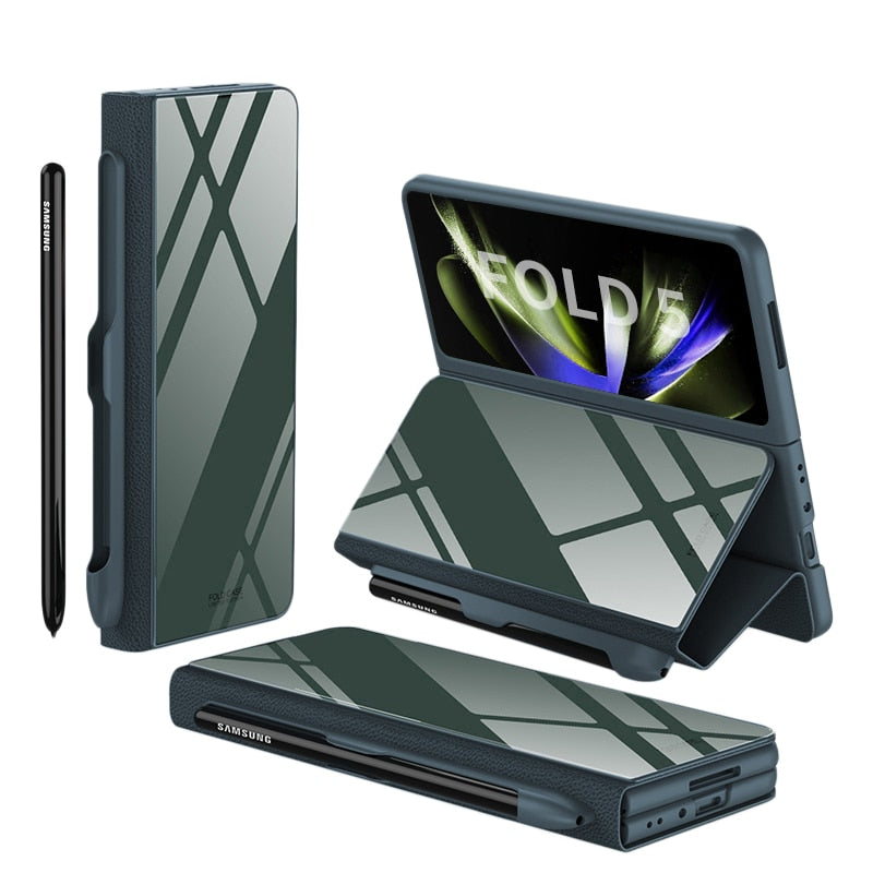 Hjemix | Støtbestandig Rustningssak Glassdeksler Stativ Sett Inn Kort Lærsak for Samsung Galaxy Z Fold 5/4