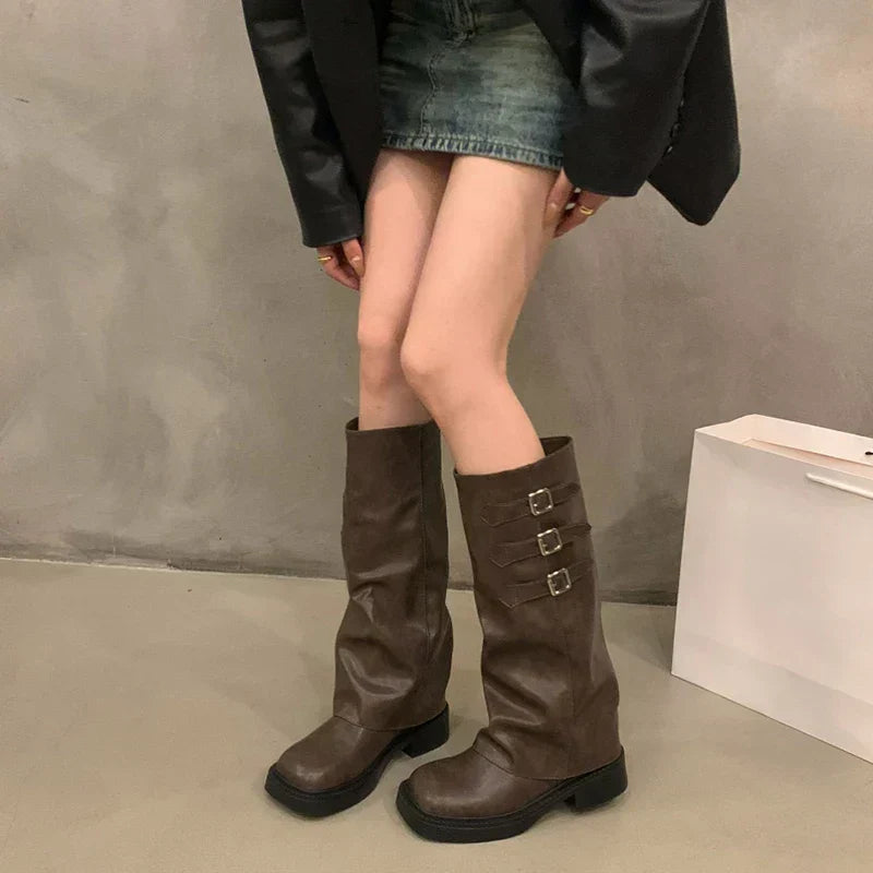 Hjemix | Retro Stil Kne-Høye Støvler Kvinner Mote Kvinner Slip-On Ridder Lange Støvler Høst Vinter Kvinner Fottøy