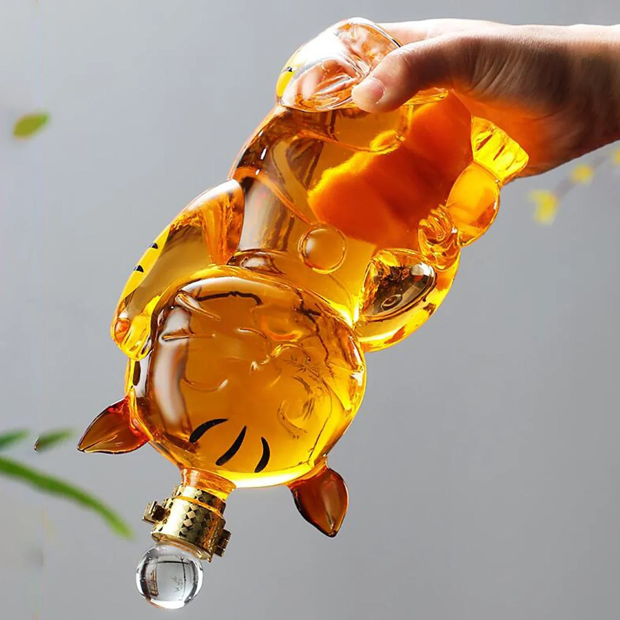 Hjemix | Katformet Glass Dekanter Glassholder med Kork Flaskedekanter Drikkevarer Dispenser Karaffel 1000ml for Middagsfest Dekorasjon Gave