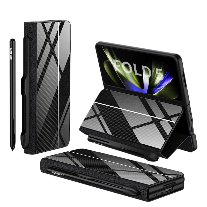 Hjemix | Støtbestandig Rustningssak Glassdeksler Stativ Sett Inn Kort Lærsak for Samsung Galaxy Z Fold 5/4