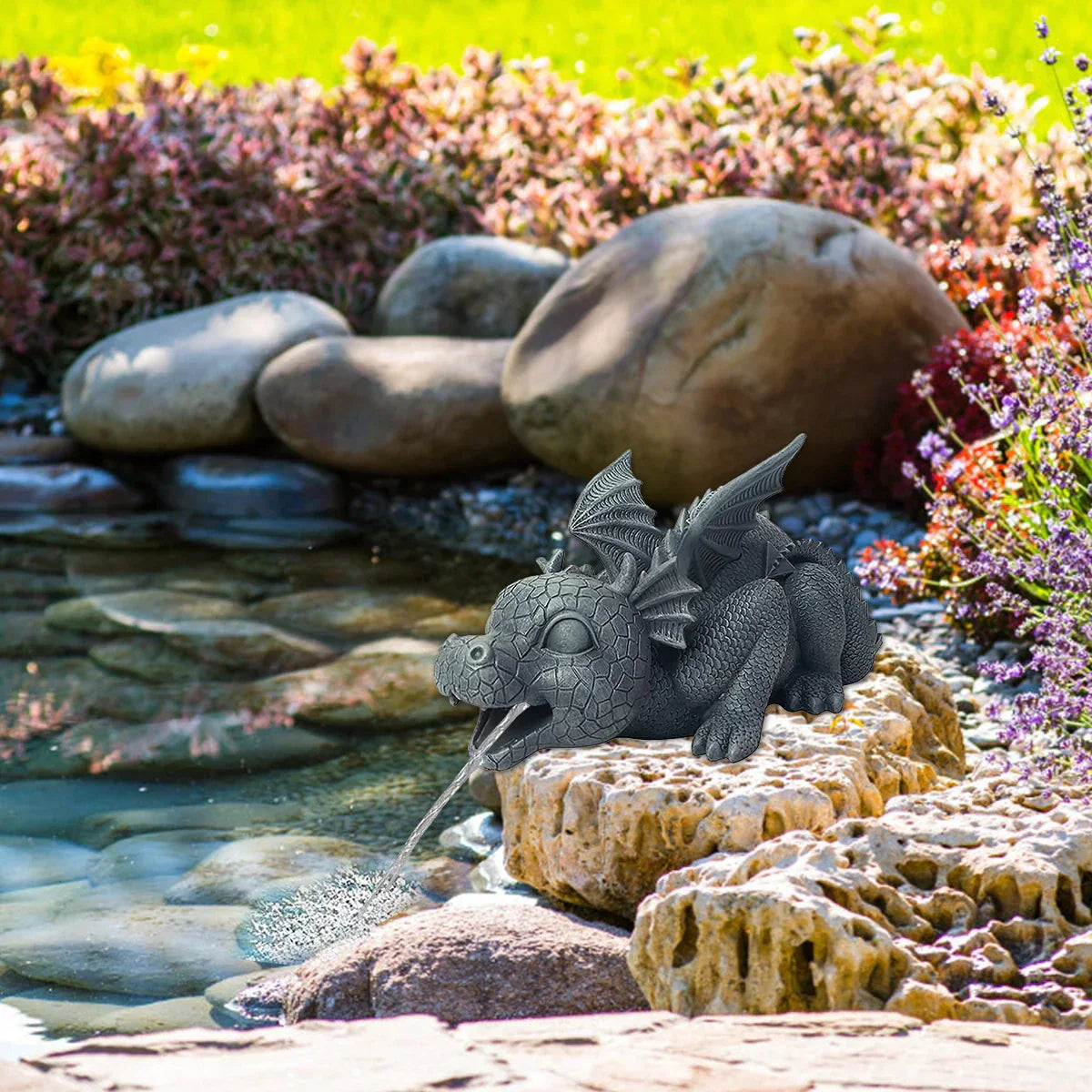 Hjemix | Vannsprutende drage statue laget av harpiks Værbestandig Realistiske vannsprut scener harpiks hage dekorasjon