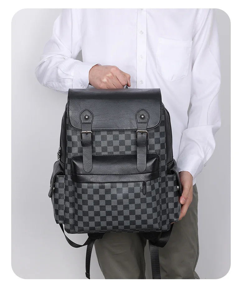 Hjemix | Trendy Rute Business Allsidig Herre Ryggsekk Reise Stor Kapasitet Luksus Merke Design Ryggsekk Menn PU Lær Skole Ryggsekk