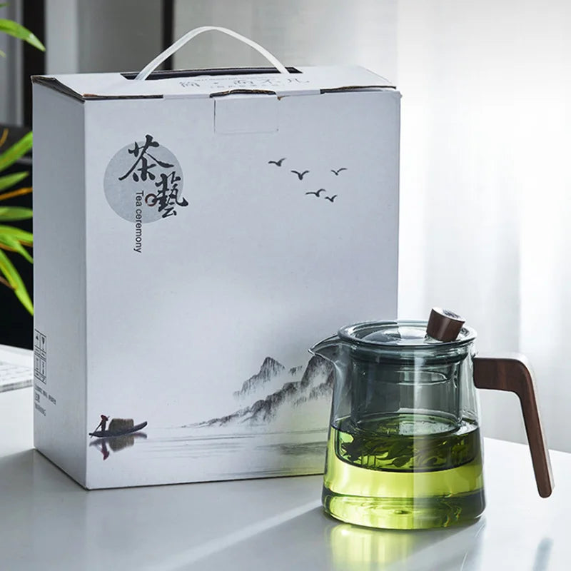 Hjemix | GIANXI Retro Glass Teapot Wood Handle Kinesisk Te Seremoni Gjennomsiktig Teutstyr Sett Kopp Filter Høy Bor Silikon Kanne 530ML