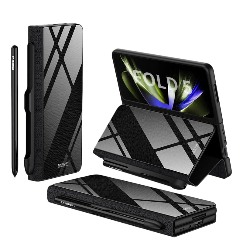 Hjemix | Støtbestandig Rustningssak Glassdeksler Stativ Sett Inn Kort Lærsak for Samsung Galaxy Z Fold 5/4