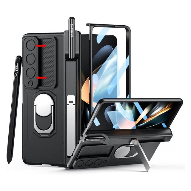 Hjemix | Luksus etui med S Pen-holder og hengslet skjermbeskyttelsesring stativ etui for Samsung Galaxy Z Fold 5 Z Fold 4