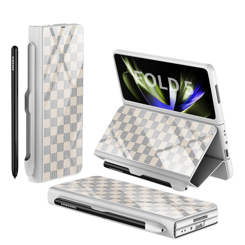 Hjemix | Støtbestandig Rustningssak Glassdeksler Stativ Sett Inn Kort Lærsak for Samsung Galaxy Z Fold 5/4