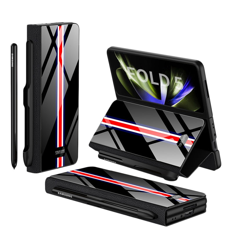 Hjemix | Støtbestandig Rustningssak Glassdeksler Stativ Sett Inn Kort Lærsak for Samsung Galaxy Z Fold 5/4