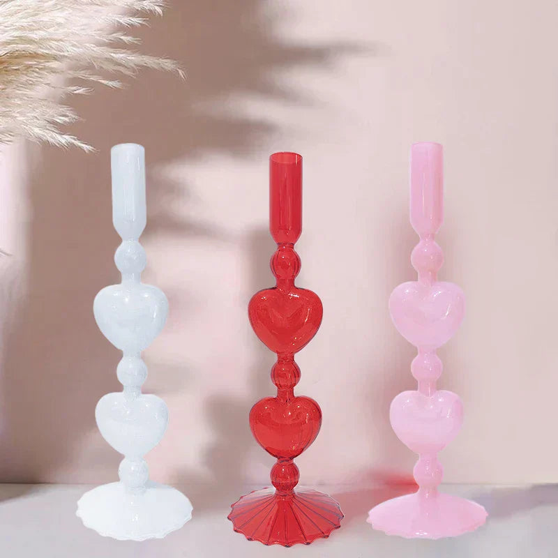 Hjemix | Retro Taper Lysestake Rød Hjerteformet Glass Lysestake Bryllup Borddekorasjon Hjem Fest Glass Vase Dekor