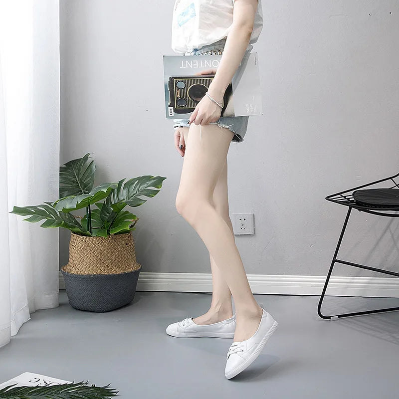 Hjemix | 100% Ekte Lær Sko Kvinner Flate Casual Sko Myk Ku skinn Hvite Flats