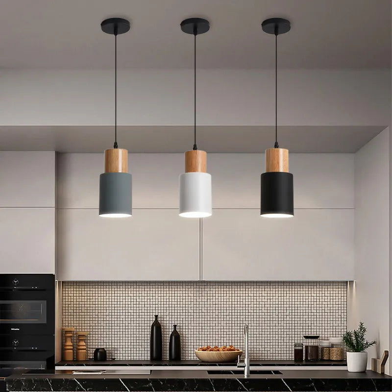 Hjemix | Nordisk LED Pendellamper Laget av Metall og Tre - Moderne Hengende Lamper for Spisestue og Kjøkken