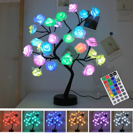 Hjemix | RGB Rose Flower Tree Lights 24LED USB Batteri Bordlampe Fairy Natt Lys Hjem Fest Jul Bryllup Soveroms Dekorasjon Gave