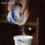 Hjemix | PorceVive Gaiwan Tekopp | Håndlaget Porselen med Landskapsmønster | Kinesisk Tesett med Lokk