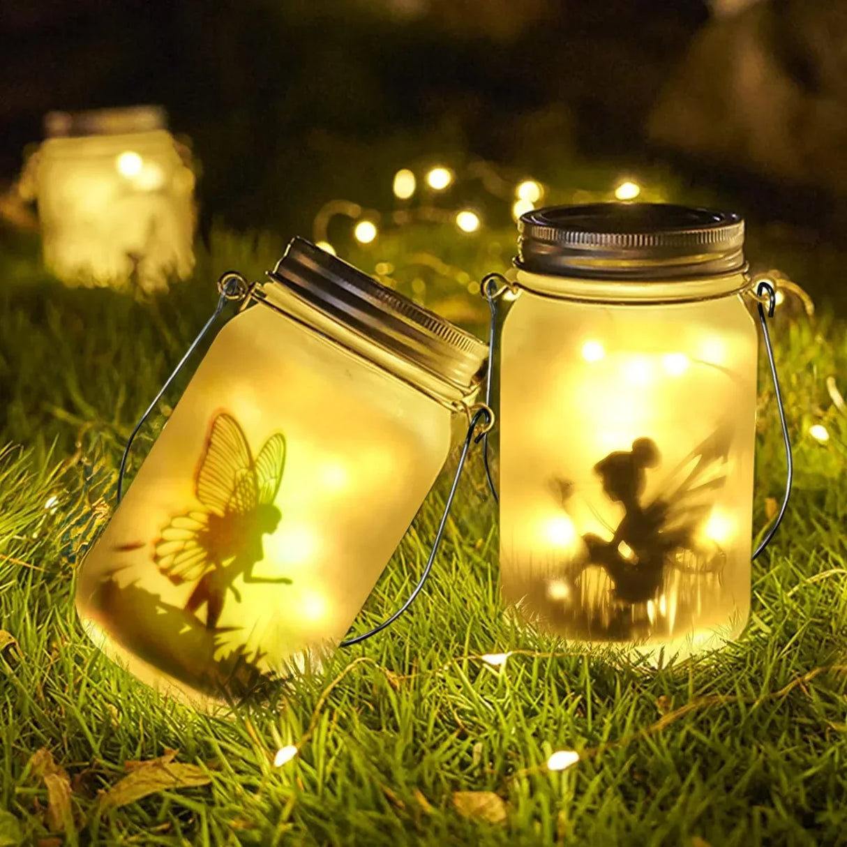 Hjemix | Glass Fairy Lamp - Solar Mason Jar Lantern, IP65 Vanntett Utendørs Hengelykt