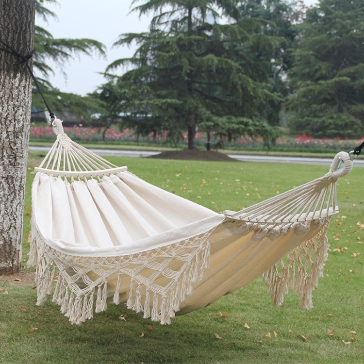 Hjemix | 200x150cm Dobbel Utendørs Camping Fringed Canvas Hengekøye med Stang (Hvit)