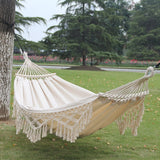 Hjemix | 200x150cm Dobbel Utendørs Camping Fringed Canvas Hengekøye med Stang (Hvit)