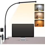 Hjemix | LED Skrivebord Lampe med Lampe, øyevennlige Klips-Lys for Hjemmekontoret, 3 Moduser 10 Lysstyrkenivåer, lang fleksibel Gåsehals, Metall, Svingarm Arkitekt Oppgave Skrivebord Lamper med USB Adapter, Hvit
