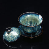 Hjemix | Vintage Brennovn Keramisk Gaiwan Sancai Tekopp Tekopp og Tallerken med Lokk