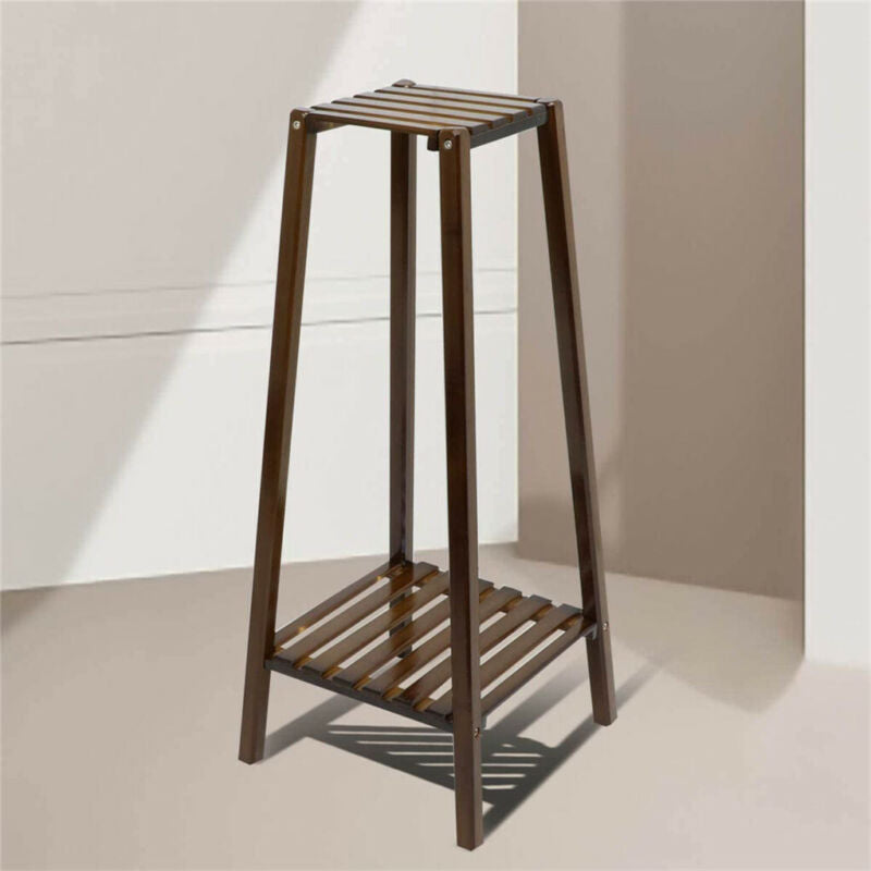 Hjemix | 2 Tier Høy Plante Stativ Pottholder Lite Rom Bord Hage Blomsterpotte Brun