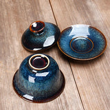 Hjemix | Vintage Brennovn Keramisk Gaiwan Sancai Tekopp Tekopp og Tallerken med Lokk