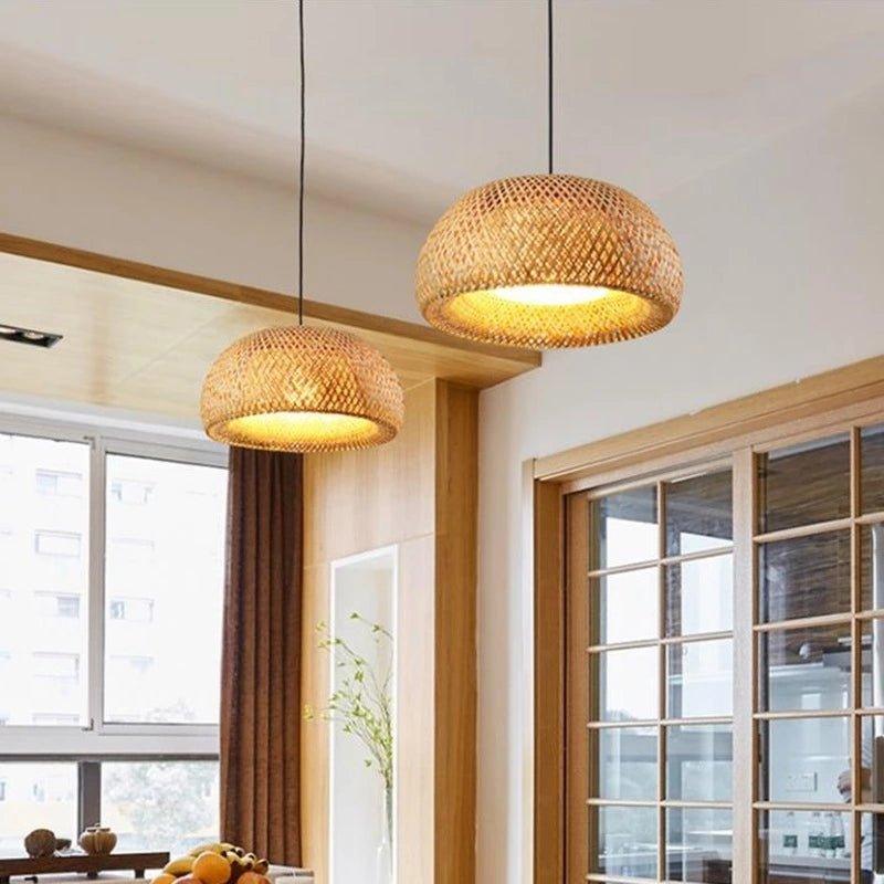 Hjemix | Hengende taklampe laget av bambus C │ Håndlaget belysning av tre og rattan for interiørdekorasjon
