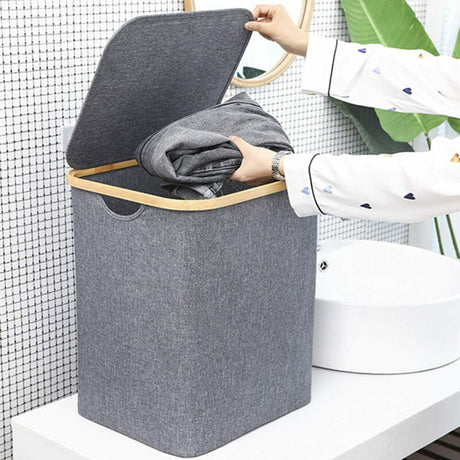 Hjemix | Kurv med lokk 60L, Vaskekurv med bambushåndtak og lokk, Sammenleggbar
