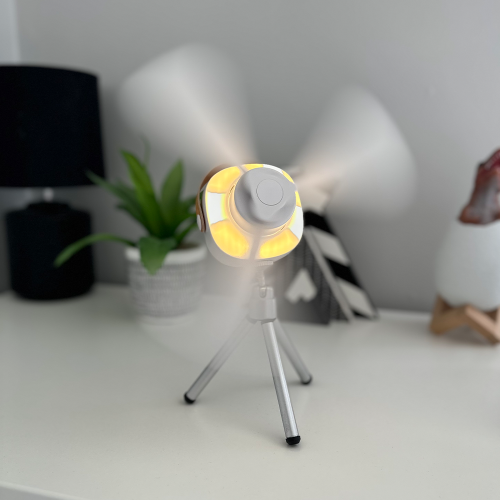 Hjemix | Mini bærbar takvifte med LED-lys og fjernkontroll – 4 hastigheter, USB-ladbar